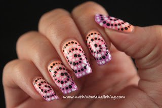 purple orange white swirl polka dots nail art design